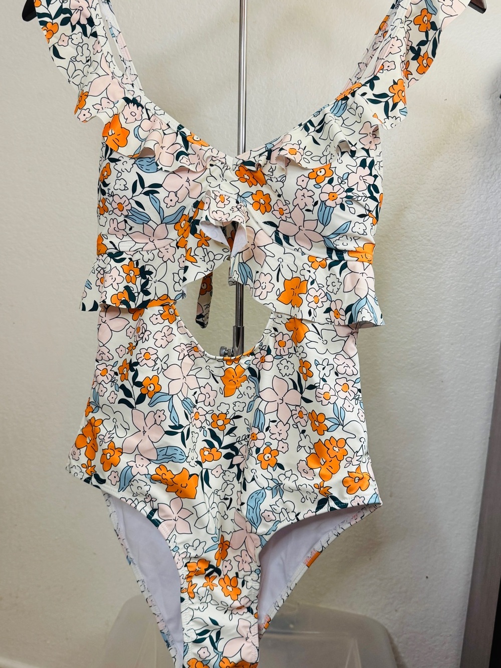 Floral Ruffle One-Piece Swimsuit - White with Orange & Pink Flowers